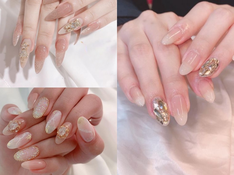 nail đính đá màu hồng thạch