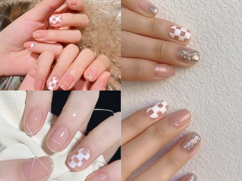 mẫu nail màu hồng thạch kẻ ô