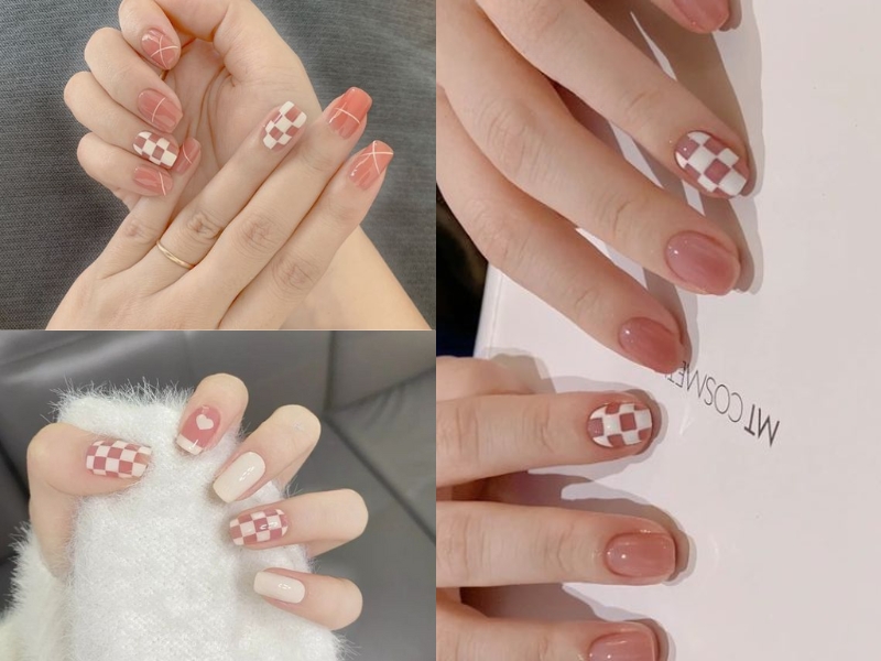 mẫu nail kẻ ô trắng và hồng thạch