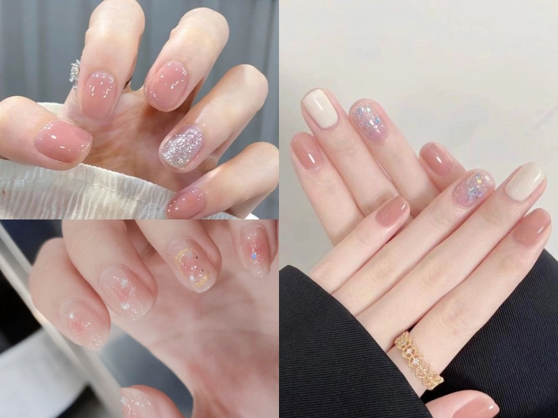 mẫu nail đính kim tuyến màu hồng thạch