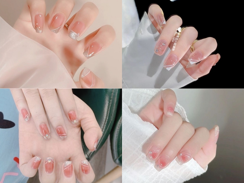nail màu hồng thạch họa tiết đường kẻ trắng