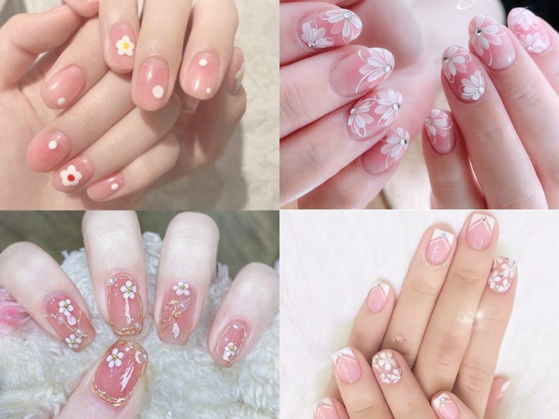 mẫu nail hồng thạch vẽ hoa trắng