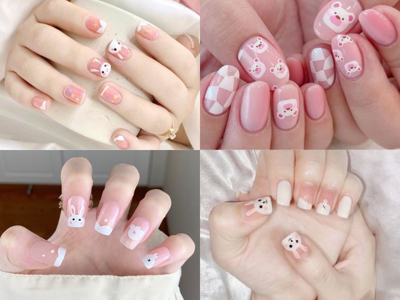 mẫu nail họa tiết thú màu hồng thạch