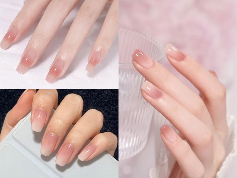 mẫu nail ombre hồng thạch trắng