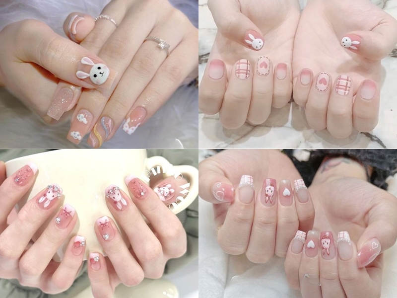 mẫu nail hồng thạch vẽ thỏ
