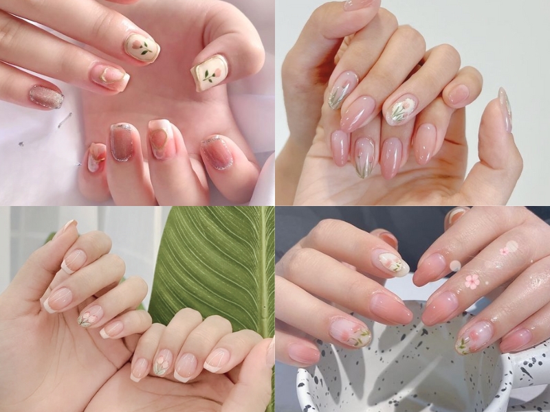 mẫu nail họa tiết hoa lá màu hồng thạch