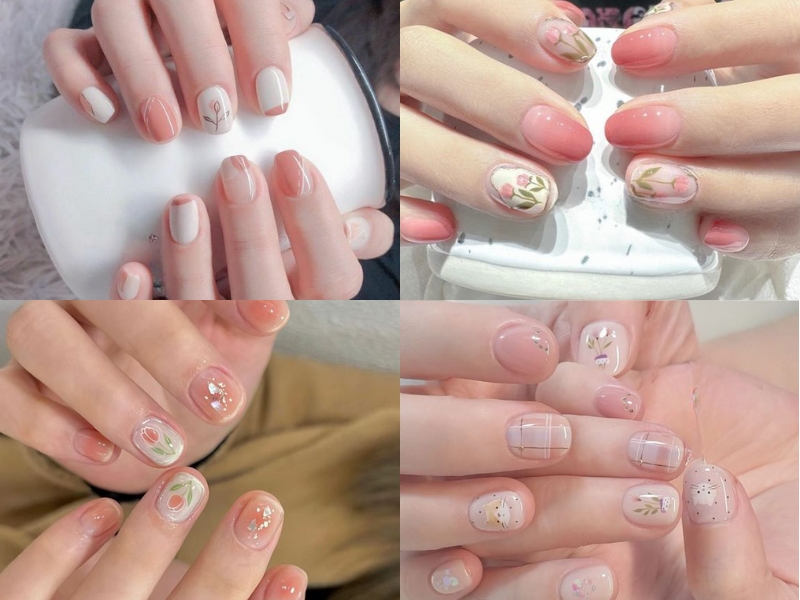 mẫu nail màu hồng thạch vẽ hoa lá