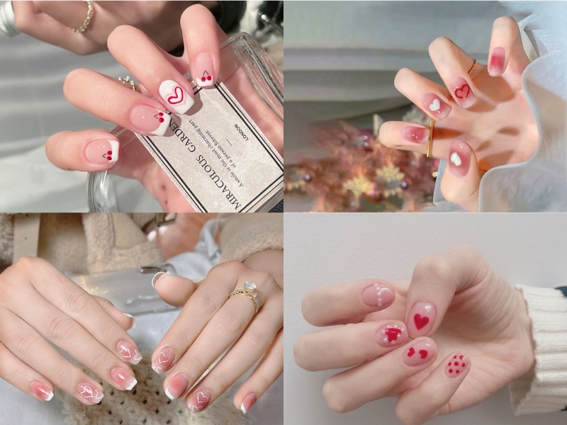 mẫu nail màu hồng thạch trái tim