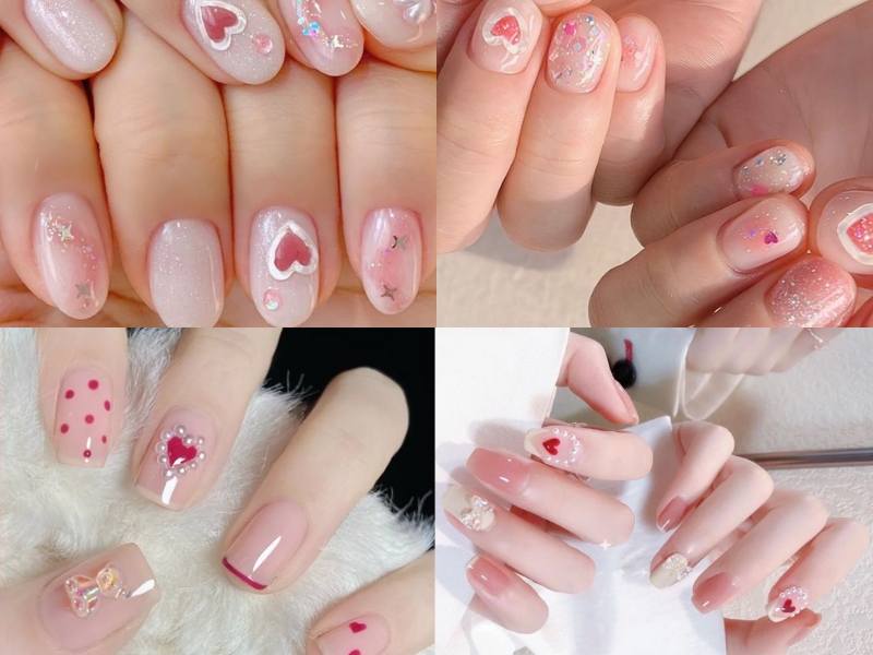 nail trái tim hồng thạch đính ngọc trai, kim tuyến