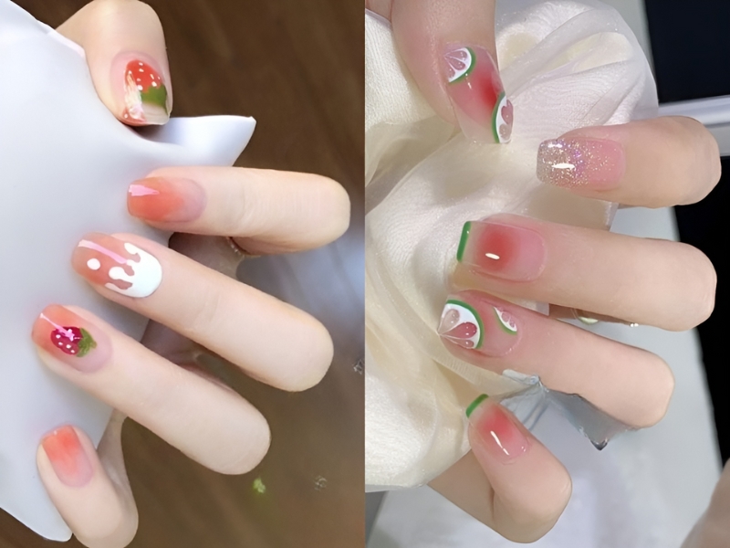 nail hồng thạch trái cây sơn ombre
