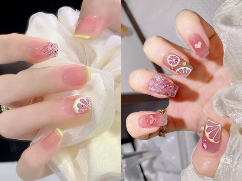 nail hồng thạch vẽ chanh, cam
