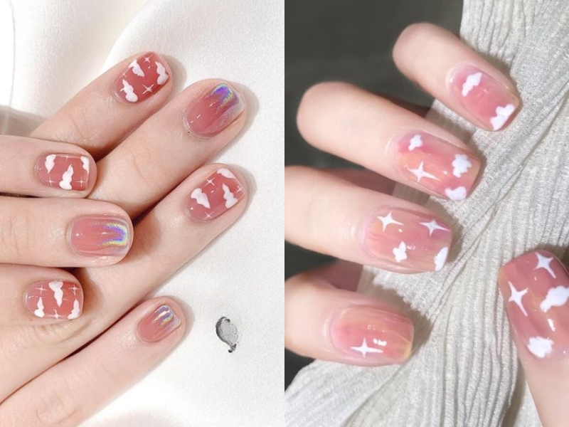 nail màu hồng thạch họa tiết bầu trời trắng