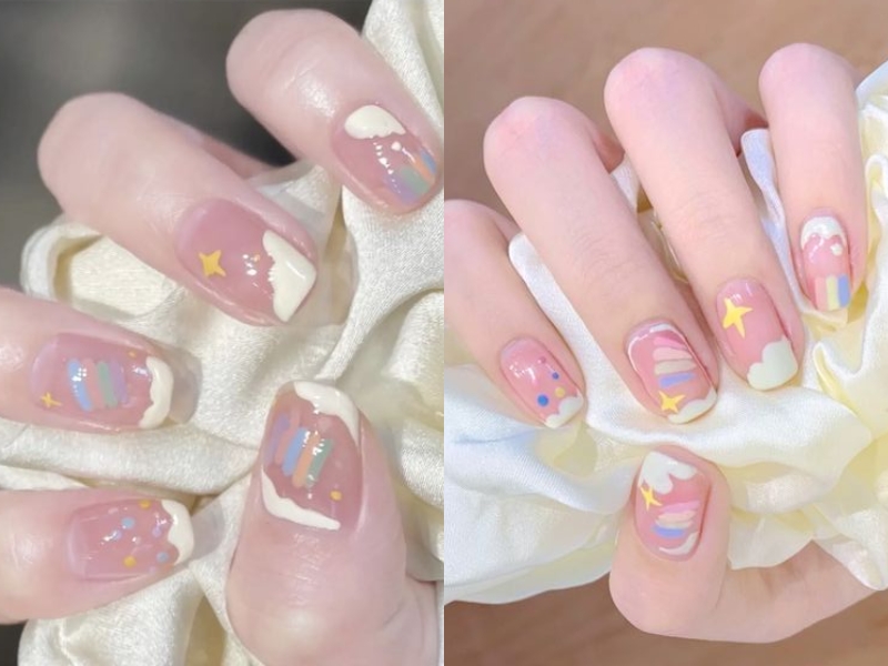 nail hồng thạch họa tiết bầu trời nhiều màu