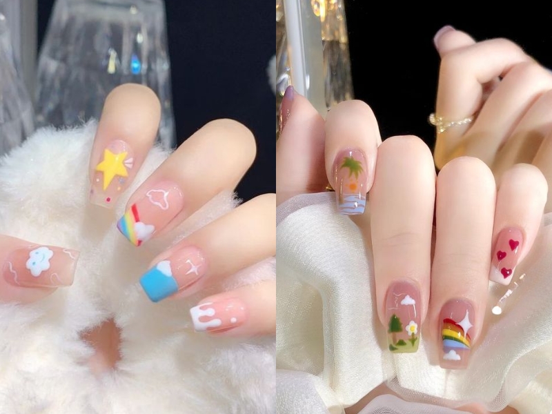 nail hồng thạch họa tiết bầu trời rực rỡ