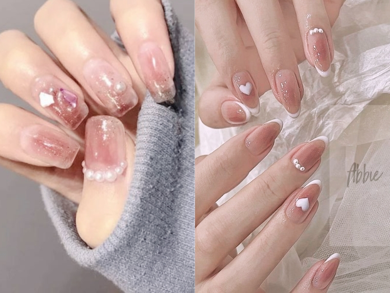 nail hồng thạch đính charm hạt ngọc