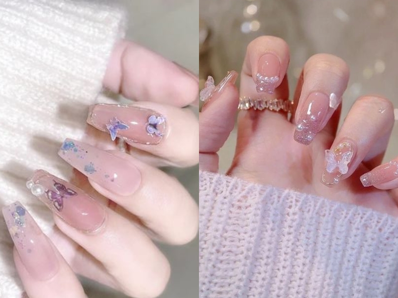 nail hồng thạch đính hạt ngọc và charm bướm