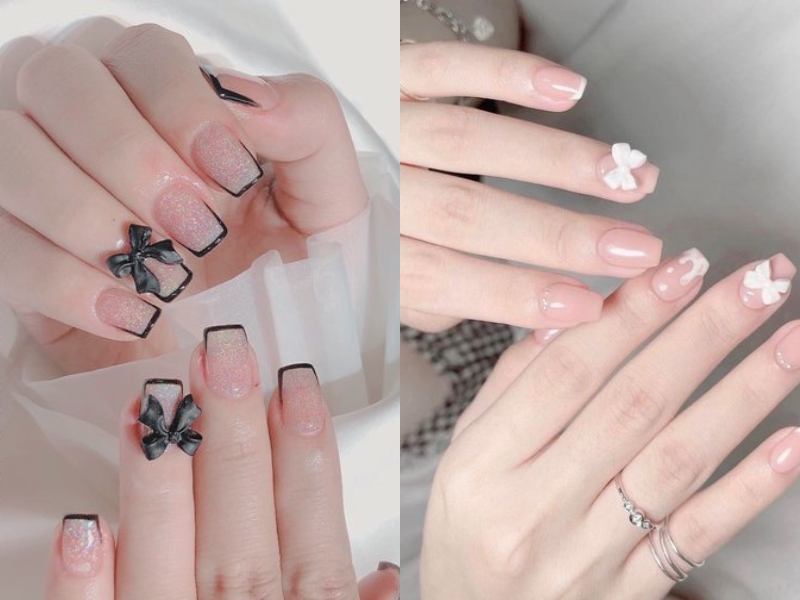 nail màu hồng thạch đính charm nơ