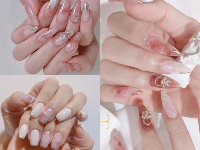 nail màu hồng thạch vân đá