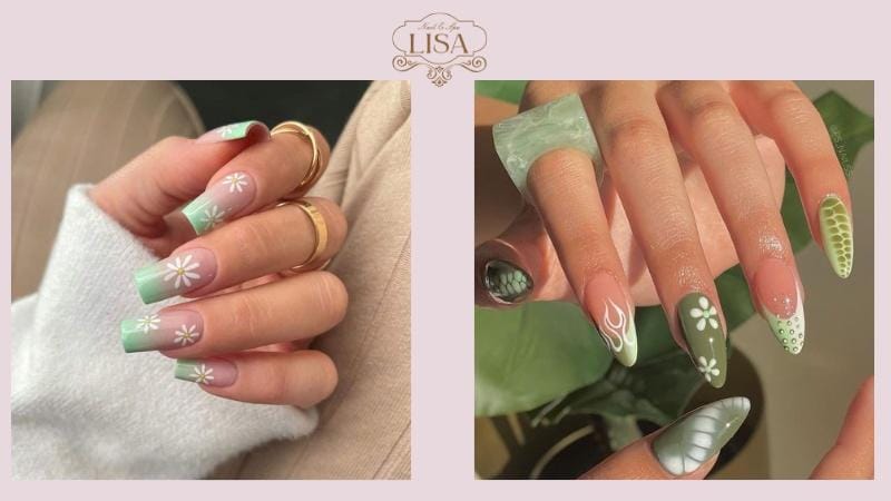 Nail Xanh Bơ Kết Hợp Màu Trắng