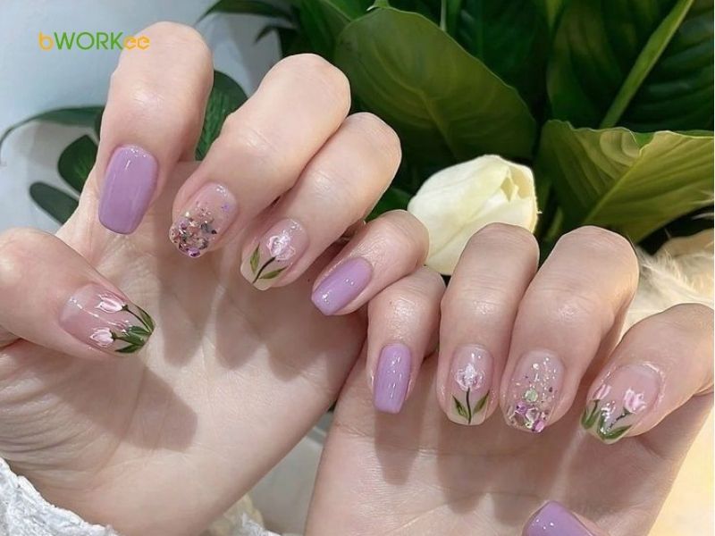 Nail màu tím vẽ họa tiết