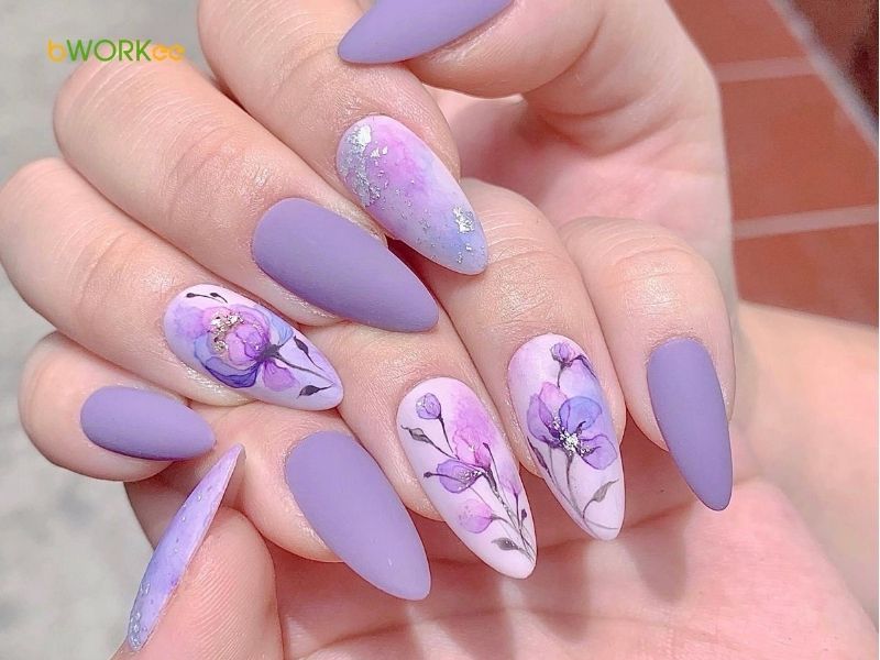 Nail màu tím vẽ họa tiết