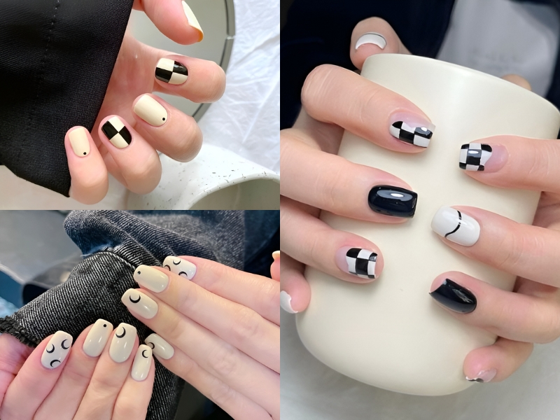 Nail ngắn tông trắng đen cho nàng cá tính. (Nguồn: Moonnnnn_1712 - Pinterest)