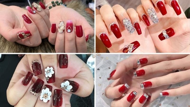 Mẫu Nail đỏ đính đá