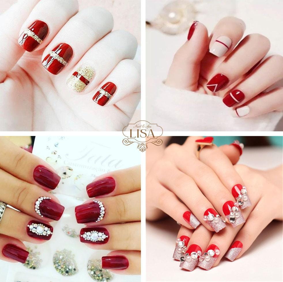 Nail đỏ với họa tiết lấp lánh
