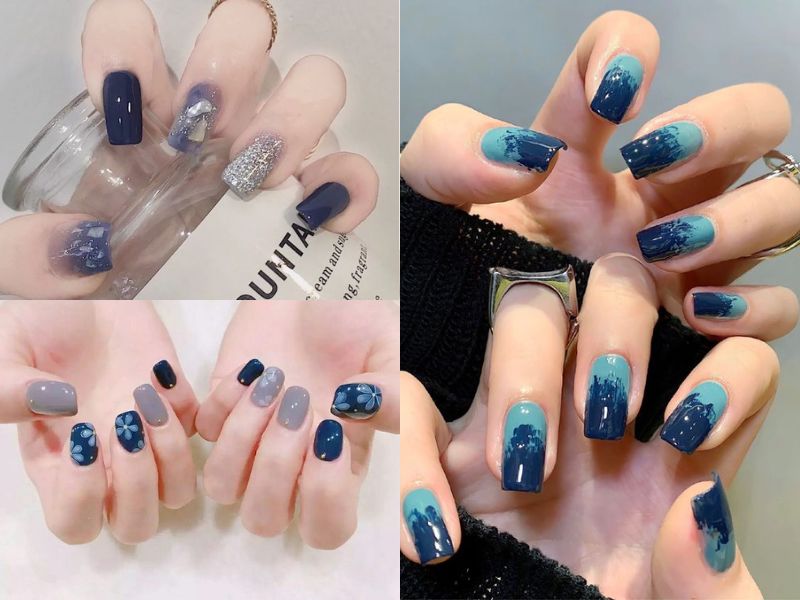 Mẫu nail vuông đẹp sơn bóng navy (Nguồn: Cẩm Ngọc - Pinterest)
