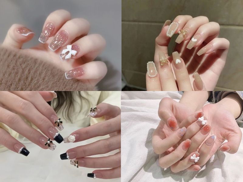 Mẫu móng vuông đính nơ đẹp (Nguồn: Bo BO - Pinterest)