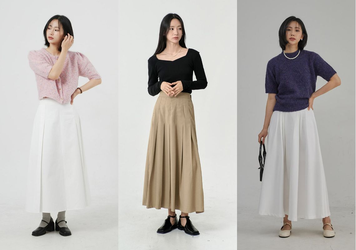 phối đồ với chân váy xếp ly dài