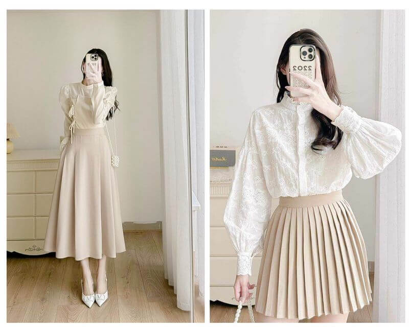 phối đồ với chân váy xếp ly dài