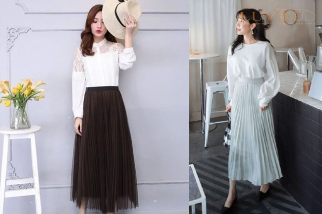 phối đồ với chân váy xếp ly dài