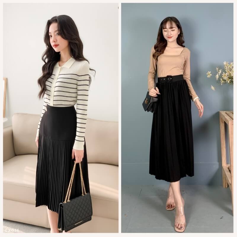 phối đồ với chân váy xếp ly dài