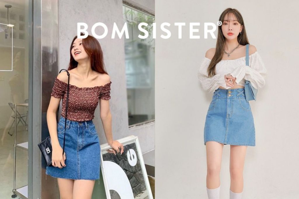 Áo trễ vai mix chân váy jean dáng ngắn