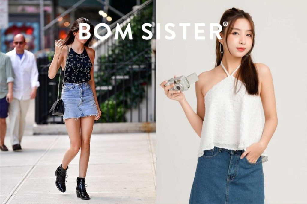 Áo cổ yếm mix chân váy jean dáng ngắn