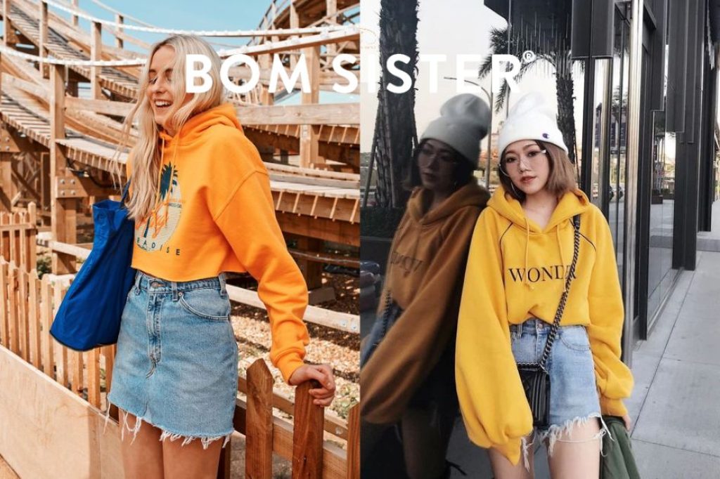 Áo hoodie x chân váy jean dáng ngắn