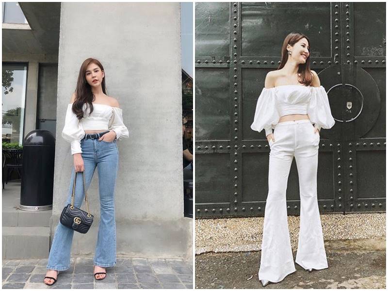 quần ông loe phối áo trễ vai