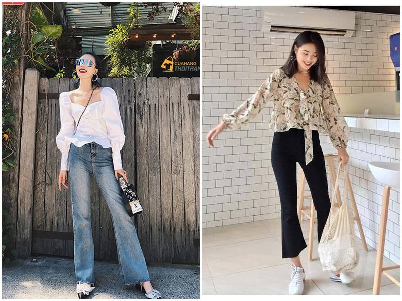 quần ống loe phối áo voan