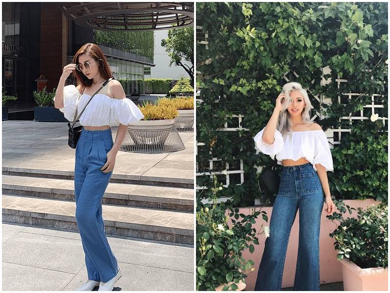 quần ông loe phối áo trễ vai