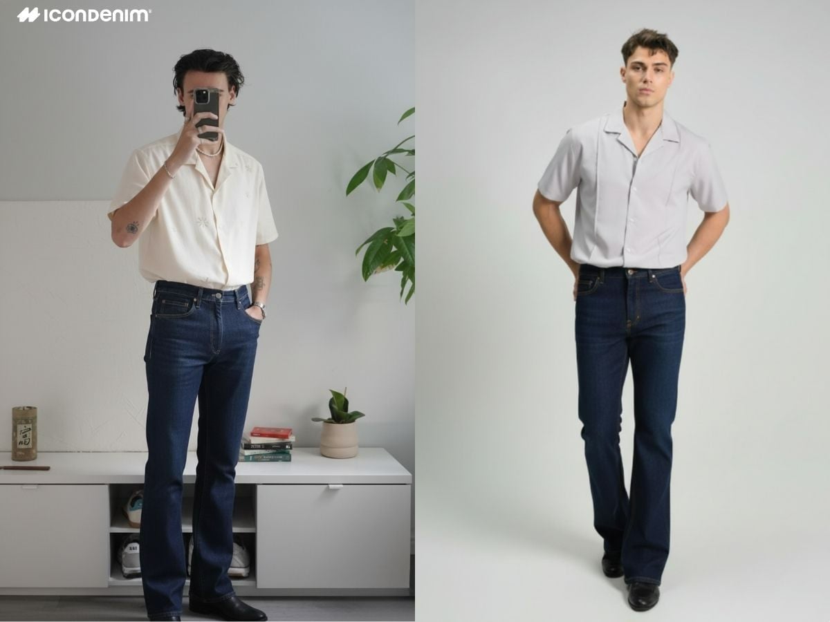 Phối quần jeans ống loe nam với áo sơ mi cuban