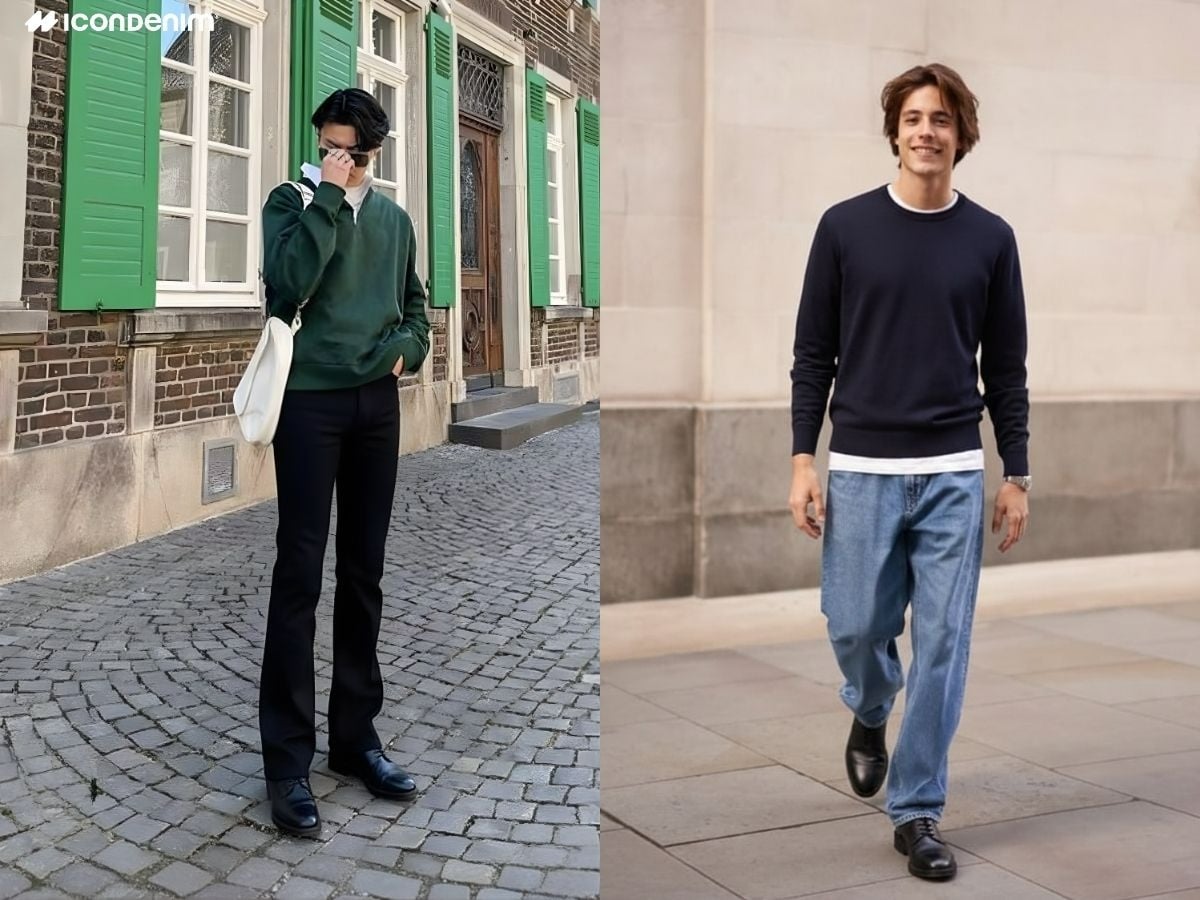 Phối đồ layer quần jeans ống loe và áo sơ mi, sweater
