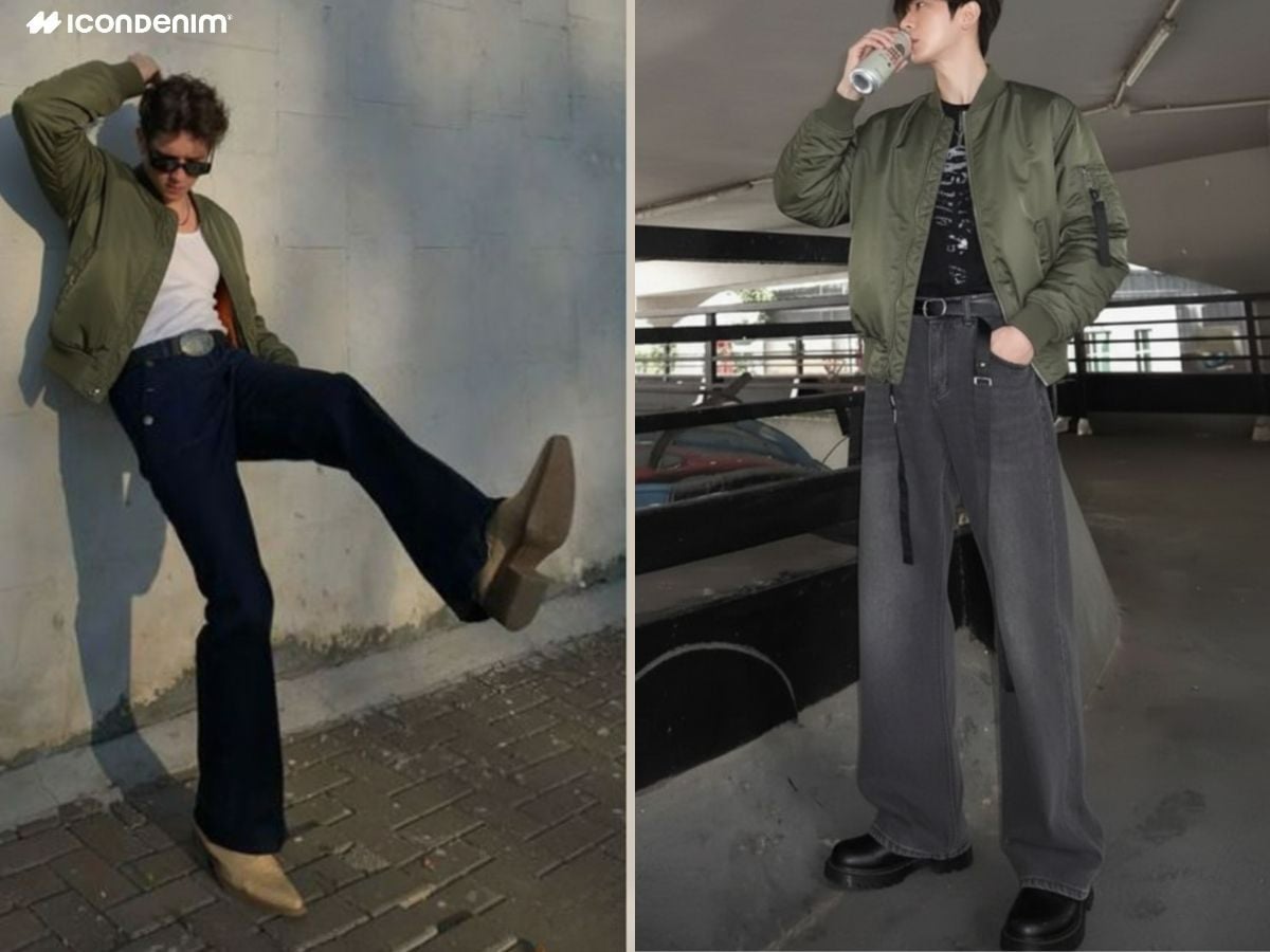 Bomber rêu với áo thun và quần jeans ống loe