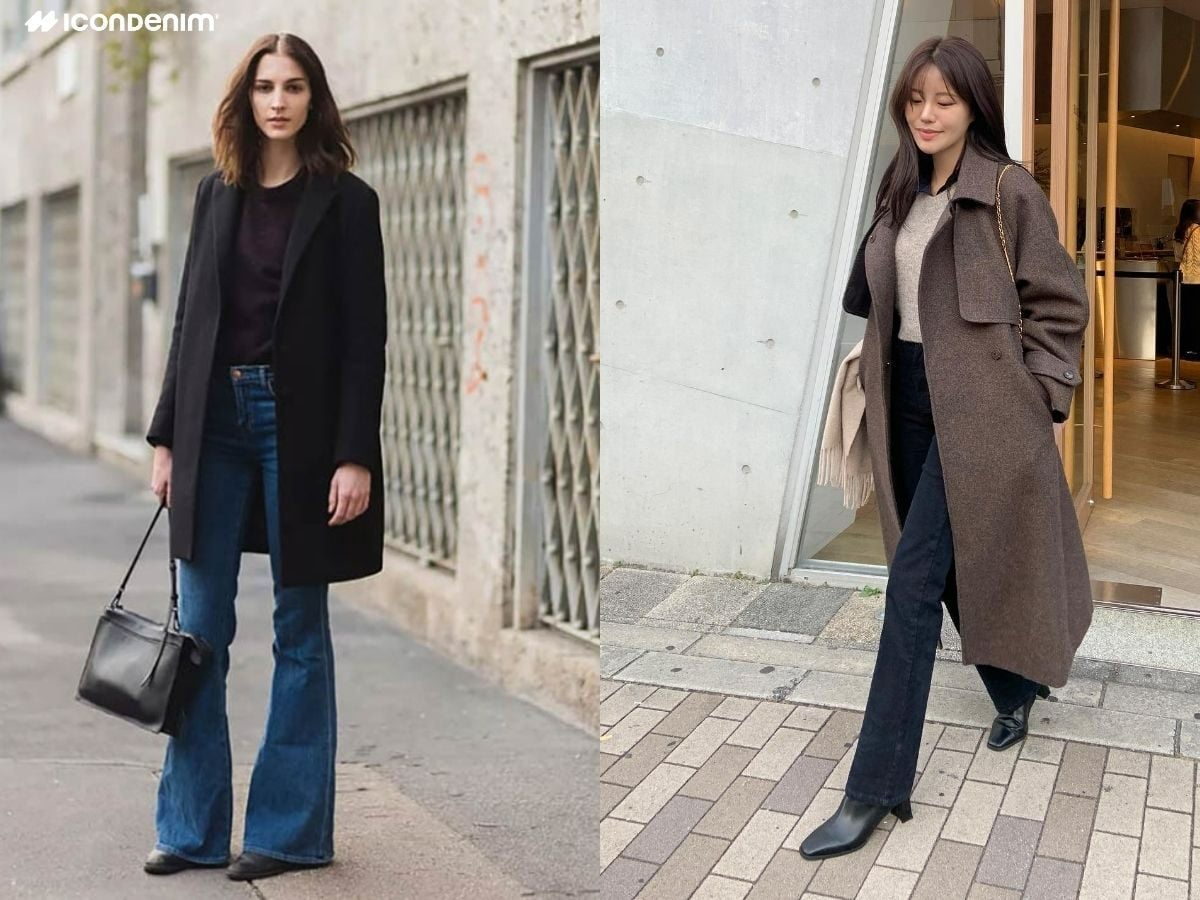 Trench coat dài qua gối với quần jeans ống loe và boots