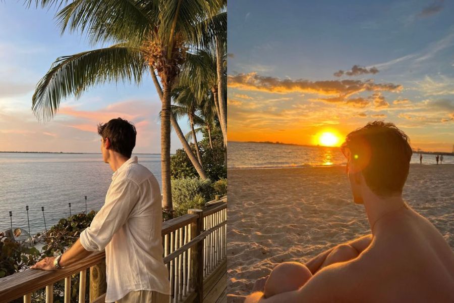 Tạo dáng chụp hình đang nhìn xa xăm trên bãi biển cho nam