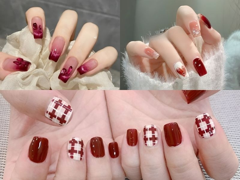 Nail đỏ kẻ hoạ tiết caro