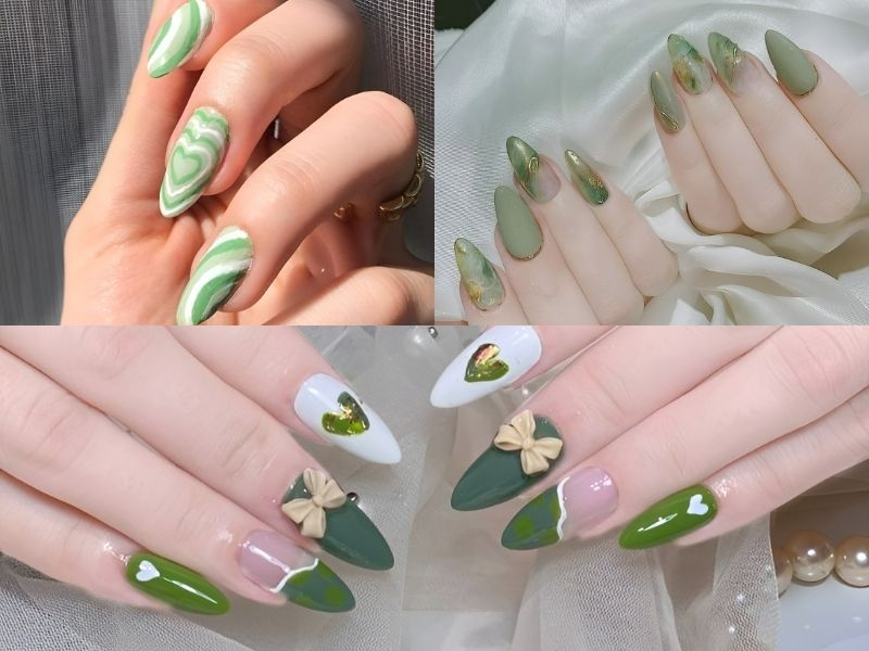 nail xanh lá đính charm