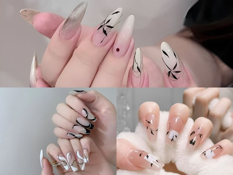 nail trắng trong kẻ hoạ tiết lá cây đen