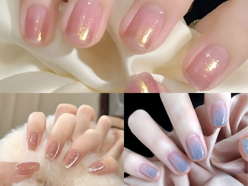 nail mắt mèo ánh nhũ hồng và tím