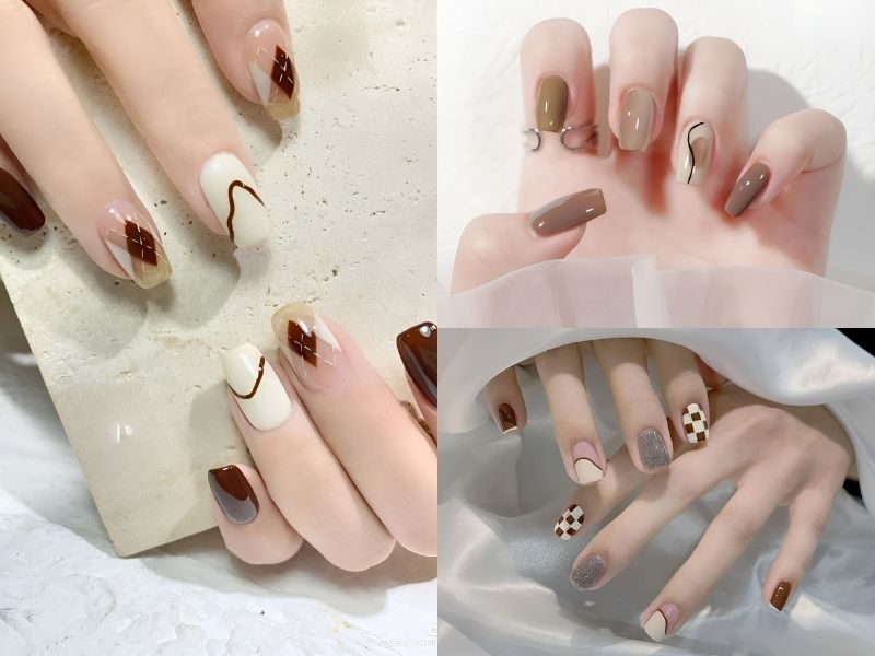 Nail trắng vẽ hoạ tiết nâu